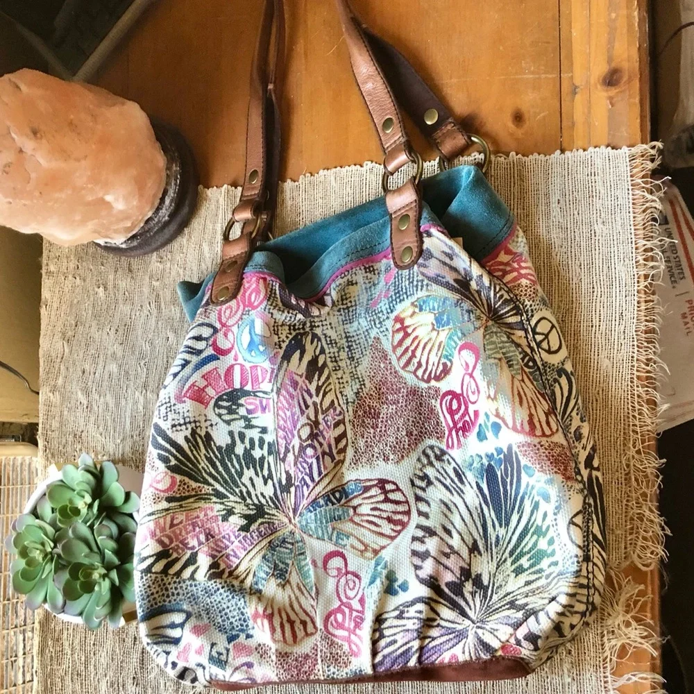 Vintage Lucky Brand Multicolor Butterfly-Print Canvas Tote with Leather Straps - Picture 1 of 15